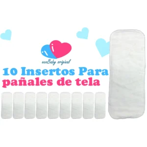 Paquete de 10 insertos absorbentes de tela blanca para pañales ecológicos de la marca ecoBaby original, mostrados en miniatura y uno en tamaño grande sobre fondo blanco con corazones.
