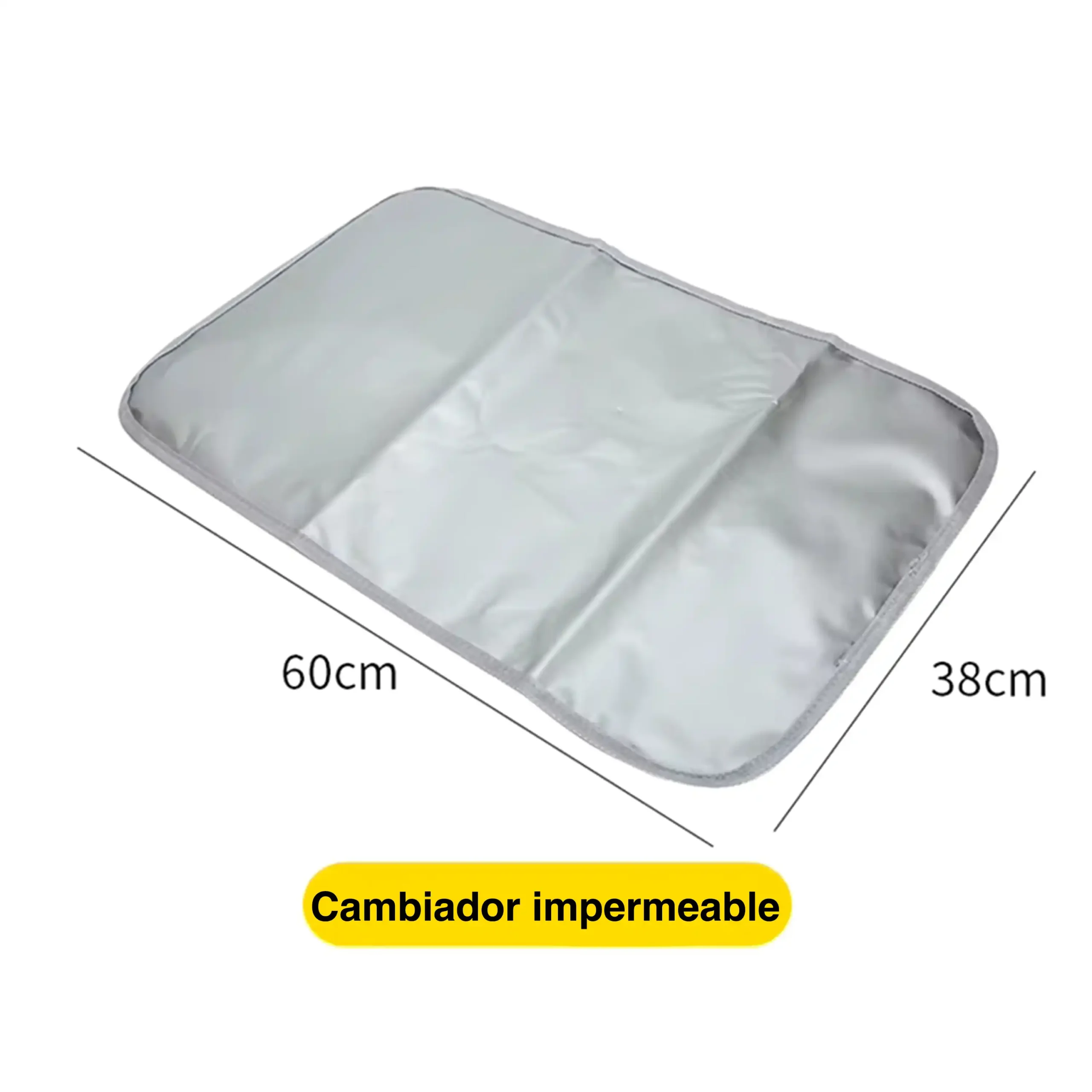 Diagrama informativo de un cambiador impermeable portátil de color gris claro con bordes redondeados. Presenta líneas de guía que indican sus medidas: 60 cm de largo por 38 cm de ancho. En la parte inferior destaca una etiqueta ovalada amarilla con el texto "Cambiador impermeable".