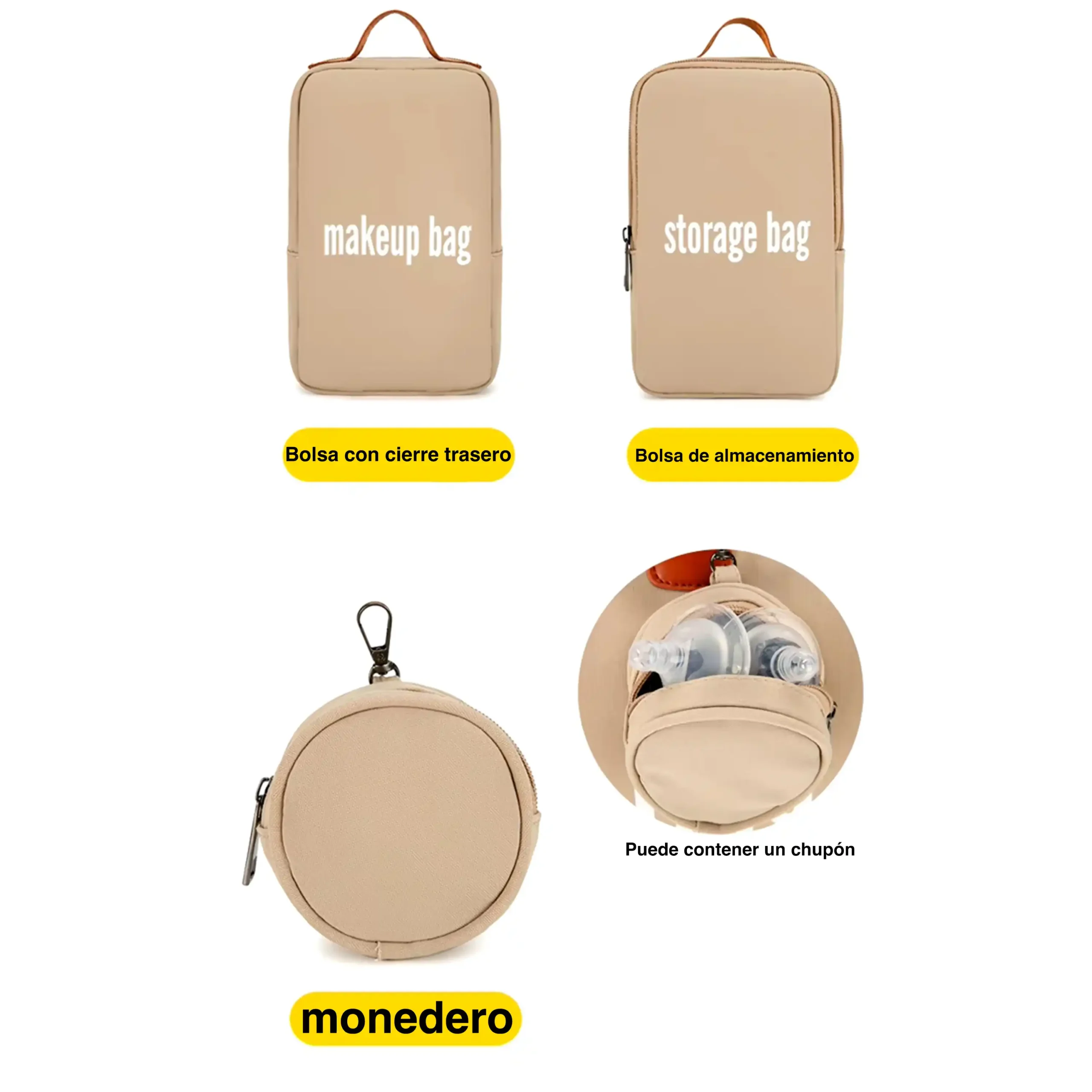 Infografía del bolsillo frontal de la bolsa pañalera beige "Mother.Bag". Muestra el compartimento abierto con tres mamilas o biberones guardados dentro de bolsillos térmicos individuales con aislamiento de aluminio, bajo una etiqueta ovalada amarilla que dice "Bolsillo térmico".