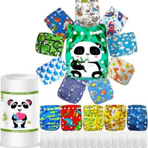 Kit de pañales ecológicos de tela reutilizables de la marca ecoBaby original con diferentes diseños coloridos (pandas, dinosaurios, jirafas, ballenas, imitación mezclilla), un rollo de 100 hojas de bambú orgánico y una fila de insertos absorbentes blancos.