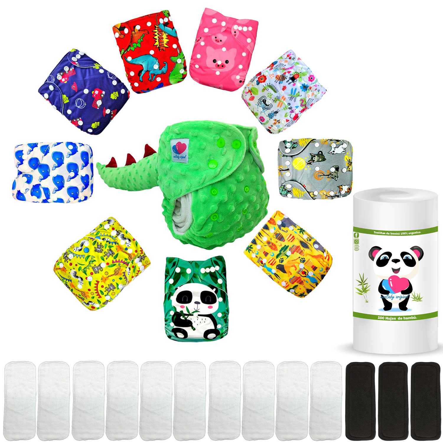 Pañal de Tela Reutilizable con Insertos Nocturnos y Rollo de Bambú