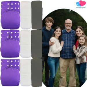 Kit de tres pañales ecológicos reutilizables de tela para adulto de la marca ecoBaby original. A la izquierda se muestran tres pañales de color morado con broches de presión ajustables blancos, tres insertos absorbentes blancos y tres insertos de bambú gris oscuro. A la derecha, una imagen circular muestra a una familia feliz con adultos, jóvenes y un adulto mayor en un parque.