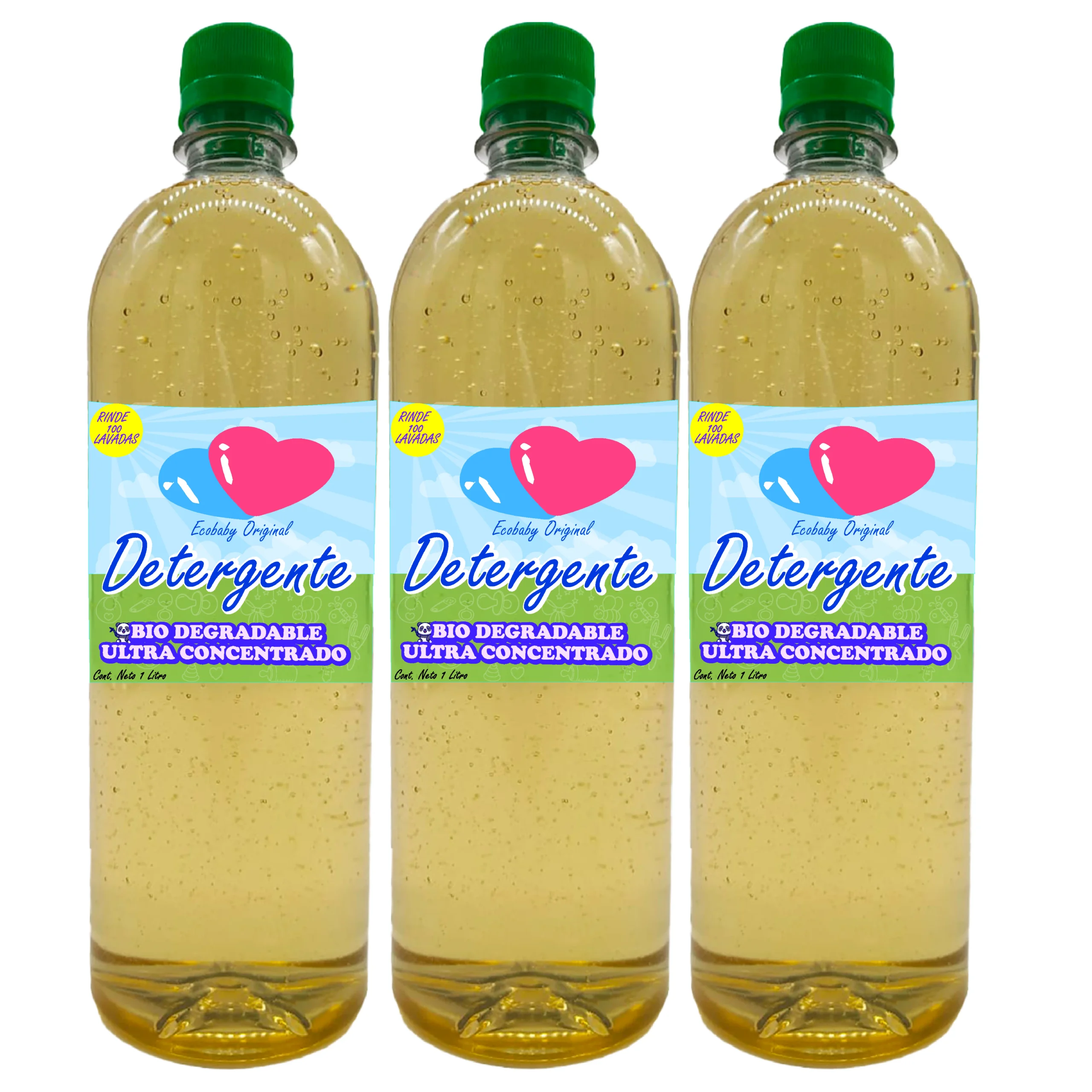 Tres botellas de plástico transparente alineadas horizontalmente con tapas verdes, llenas de un detergente líquido de color amarillo claro translúcido con burbujas finas. Cada envase tiene la etiqueta de EcoBaby Original que muestra dos corazones (azul y rosa), la palabra "Detergente" en letras azules grandes y un sello amarillo que indica "Rinde 100 lavadas". En la sección inferior se lee "Bio Degradable Ultra Concentrado". Fondo blanco.