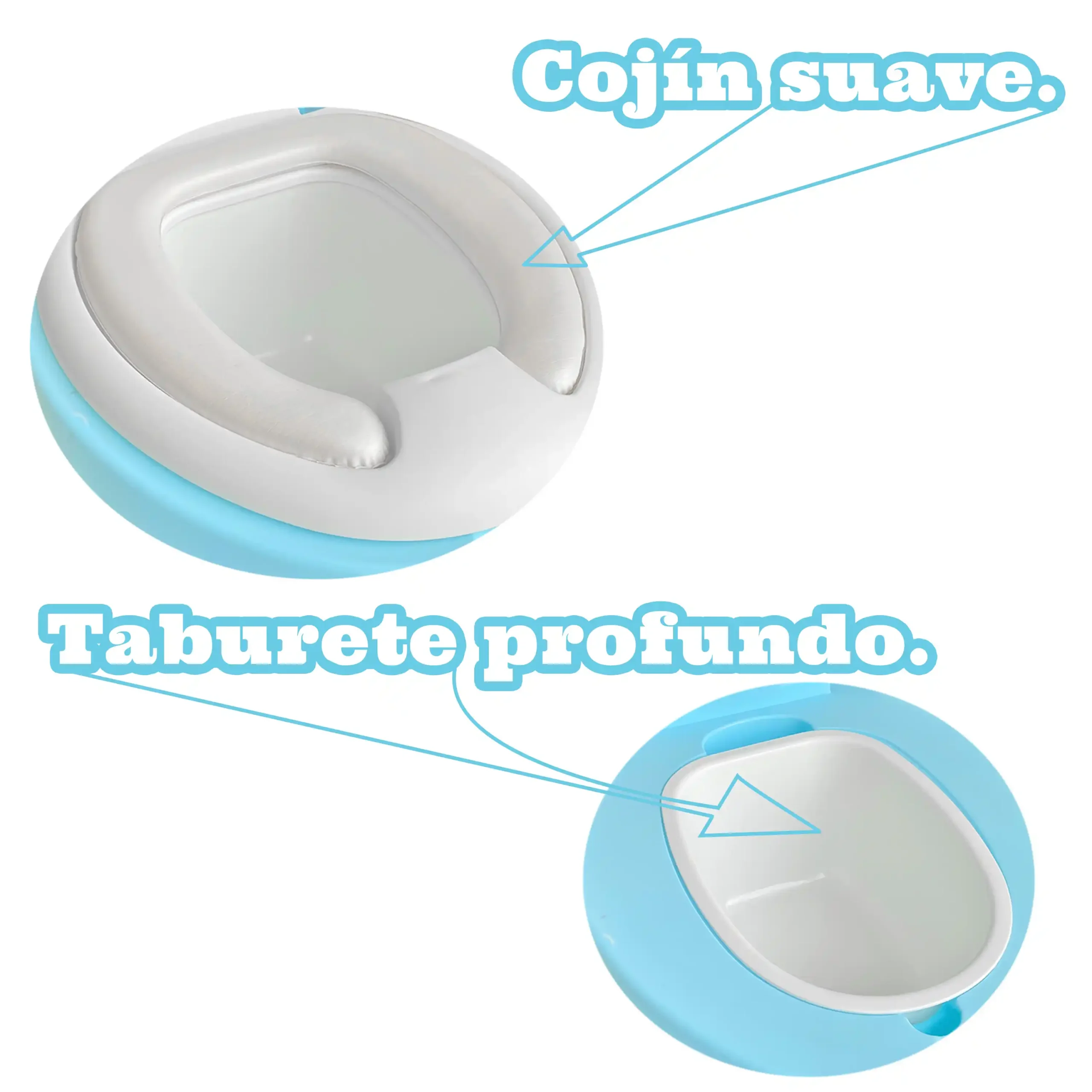 Baño entrenador para bebés Ecobaby en color azul, mostrando un acercamiento al cojín suave del asiento gris y al contenedor interior blanco y profundo.