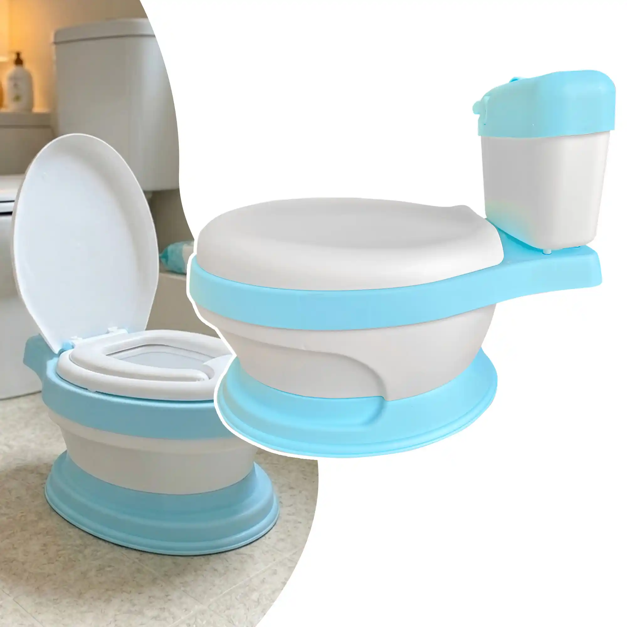 Imagen dividida que muestra a la izquierda un baño entrenador real de bebés en color azul y blanco colocado en un cuarto de baño, y a la derecha un recorte digital aislado del mismo baño entrenador con tapa cerrada sobre fondo blanco.