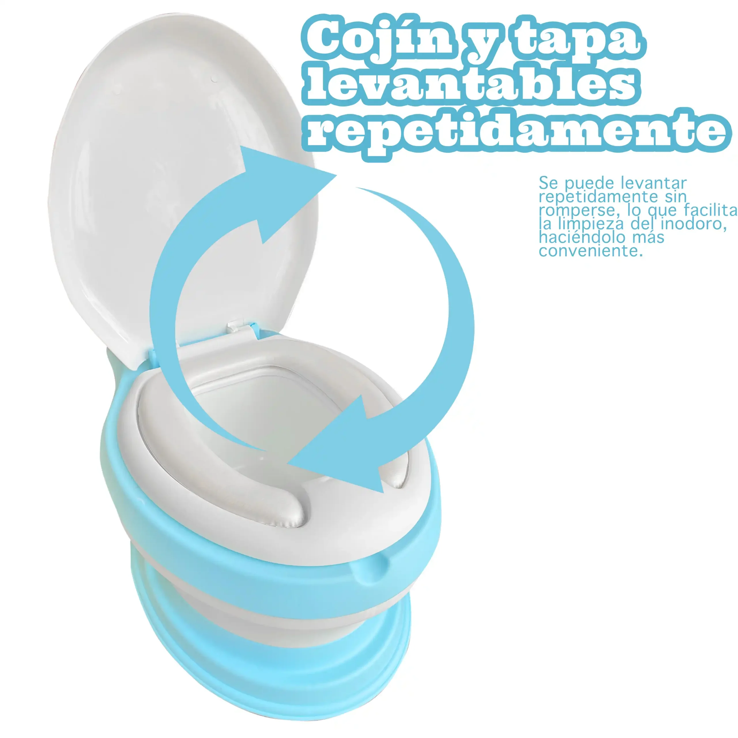 Baño entrenador para bebés Ecobaby azul con la tapa abierta y flechas circulares que indican que tanto el cojín como la tapa son levantables y resistentes al uso repetido.