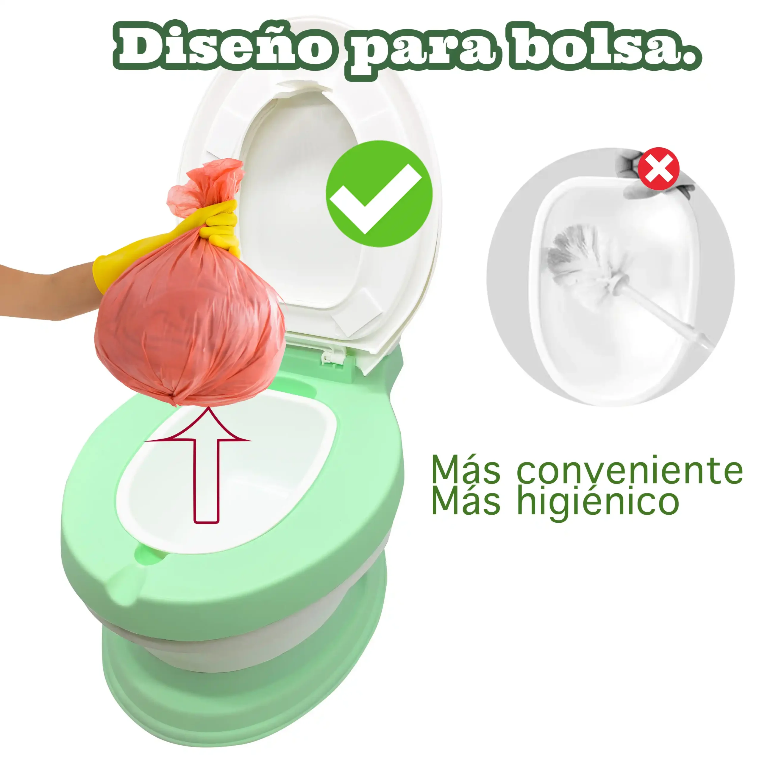 Infografía explicativa del baño entrenador infantil ecoBaby color verde menta. Muestra una mano con guante amarillo retirando una bolsa de basura rosa del contenedor, marcada con una paloma verde debajo del título "Diseño para bolsa.". A la derecha, un círculo tachado con una cruz roja desaconseja lavar el contenedor directamente con escobilla, acompañado del texto "Más conveniente Más higiénico".
