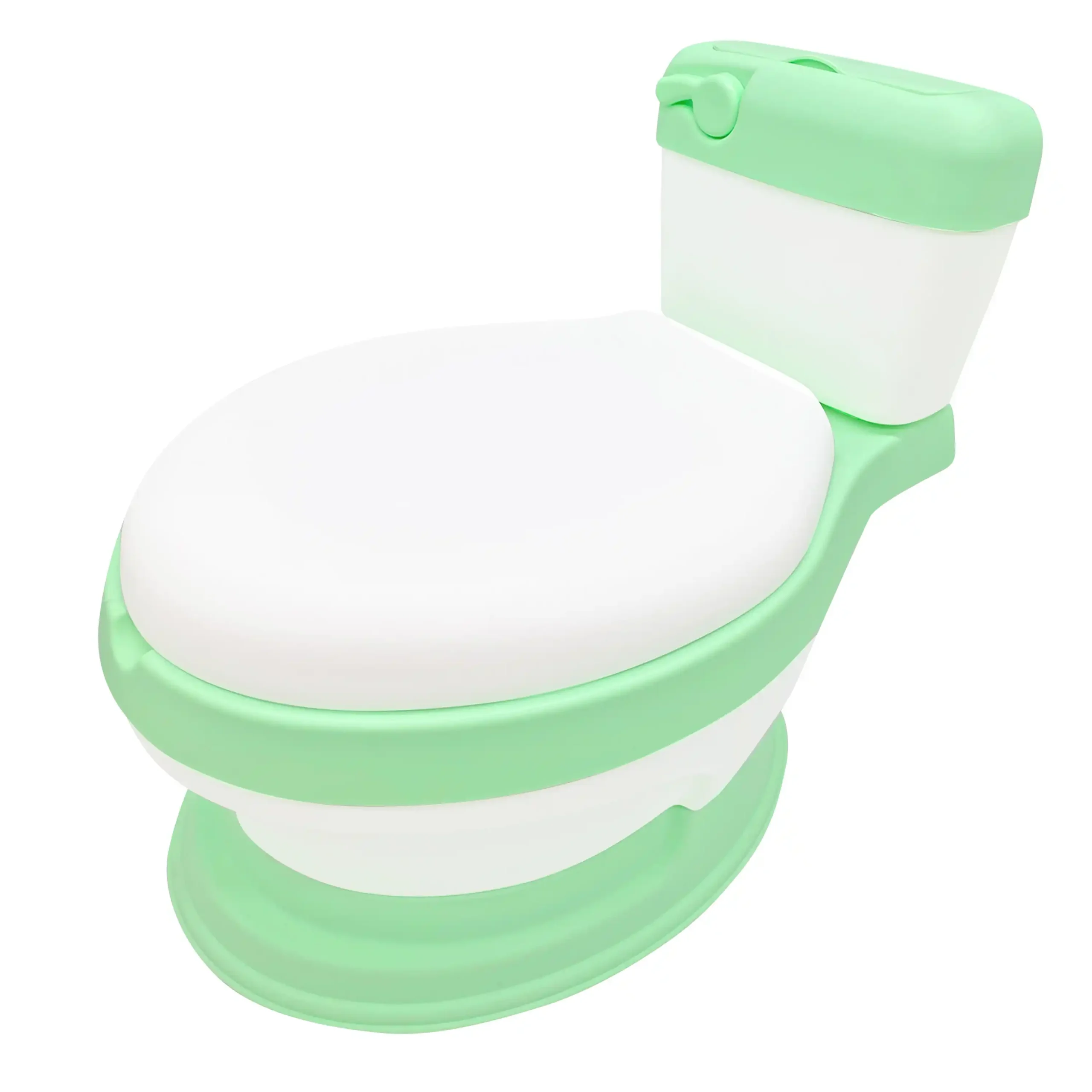 Baño entrenador o bacinica infantil portátil en color verde menta y blanco de la marca ecoBaby original. Cuenta con un diseño ergonómico de ranita, respaldo alto, asiento contenedor extraíble blanco con tapa y una base con gomas antideslizantes sobre un fondo blanco.