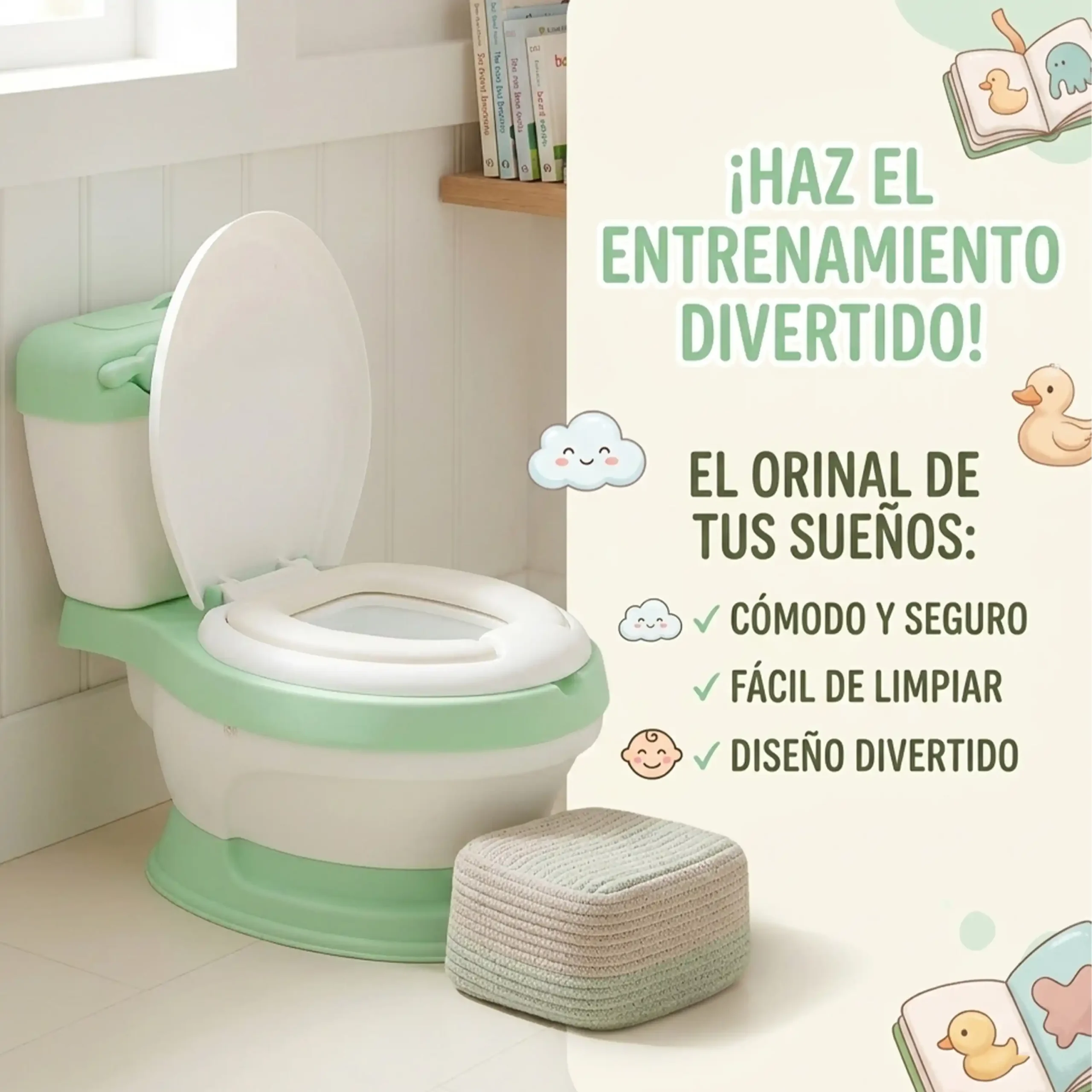 Baño entrenador infantil ecoBaby de color verde menta con la tapa abierta, colocado en la esquina de un baño residencial junto a un pequeño banco tejido. A la derecha, un panel beige con ilustraciones de patitos muestra las frases "¡Haz el entrenamiento divertido!" y "El orinal de tus sueños", detallando las ventajas: Cómodo y seguro, Fácil de limpiar, y Diseño divertido.