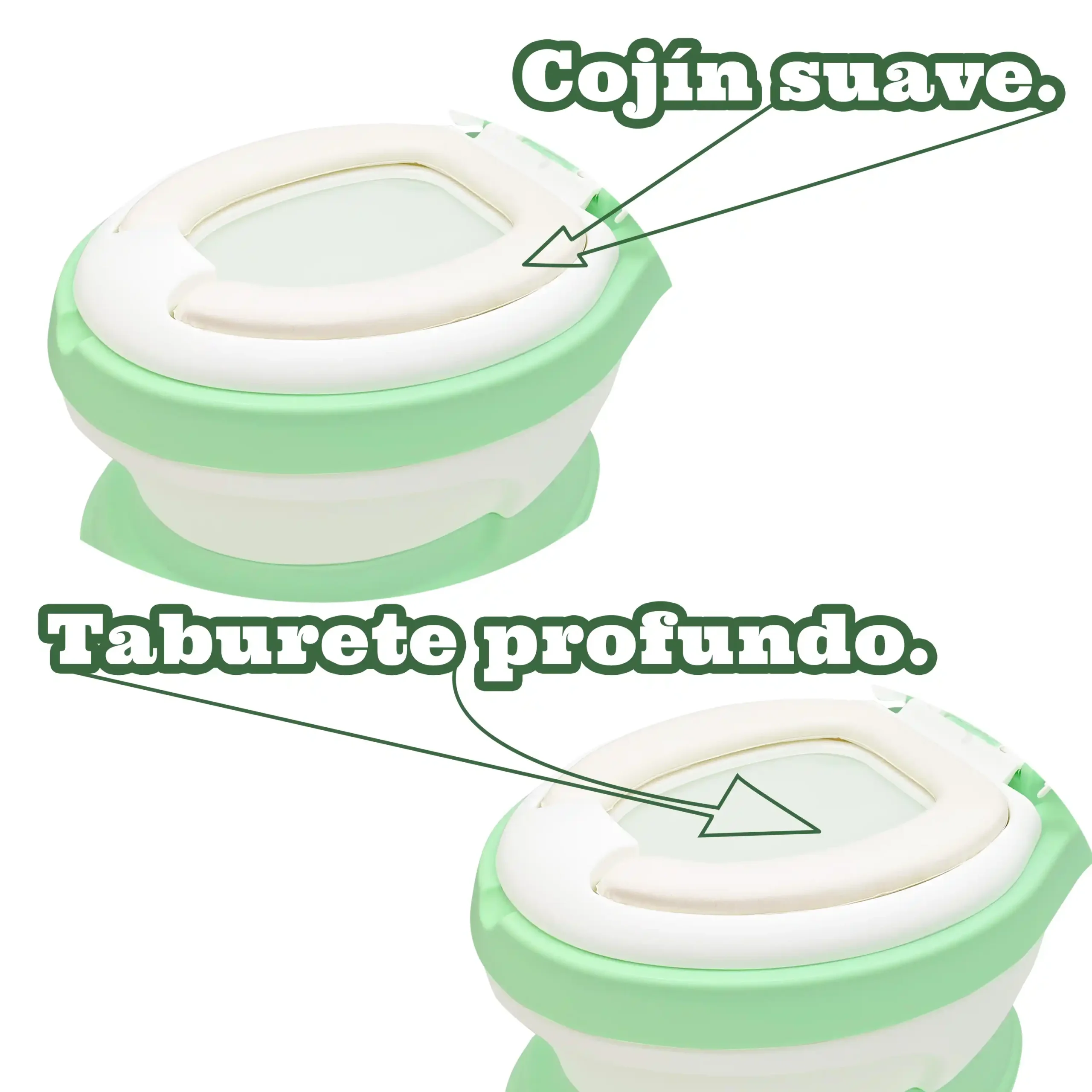 Infografía explicativa del baño entrenador infantil ecoBaby color verde menta. En la parte superior, una flecha señala el asiento con el texto "Cojín suave.". En la parte inferior, otra flecha apunta hacia el contenedor interior removible con el texto "Taburete profundo.".