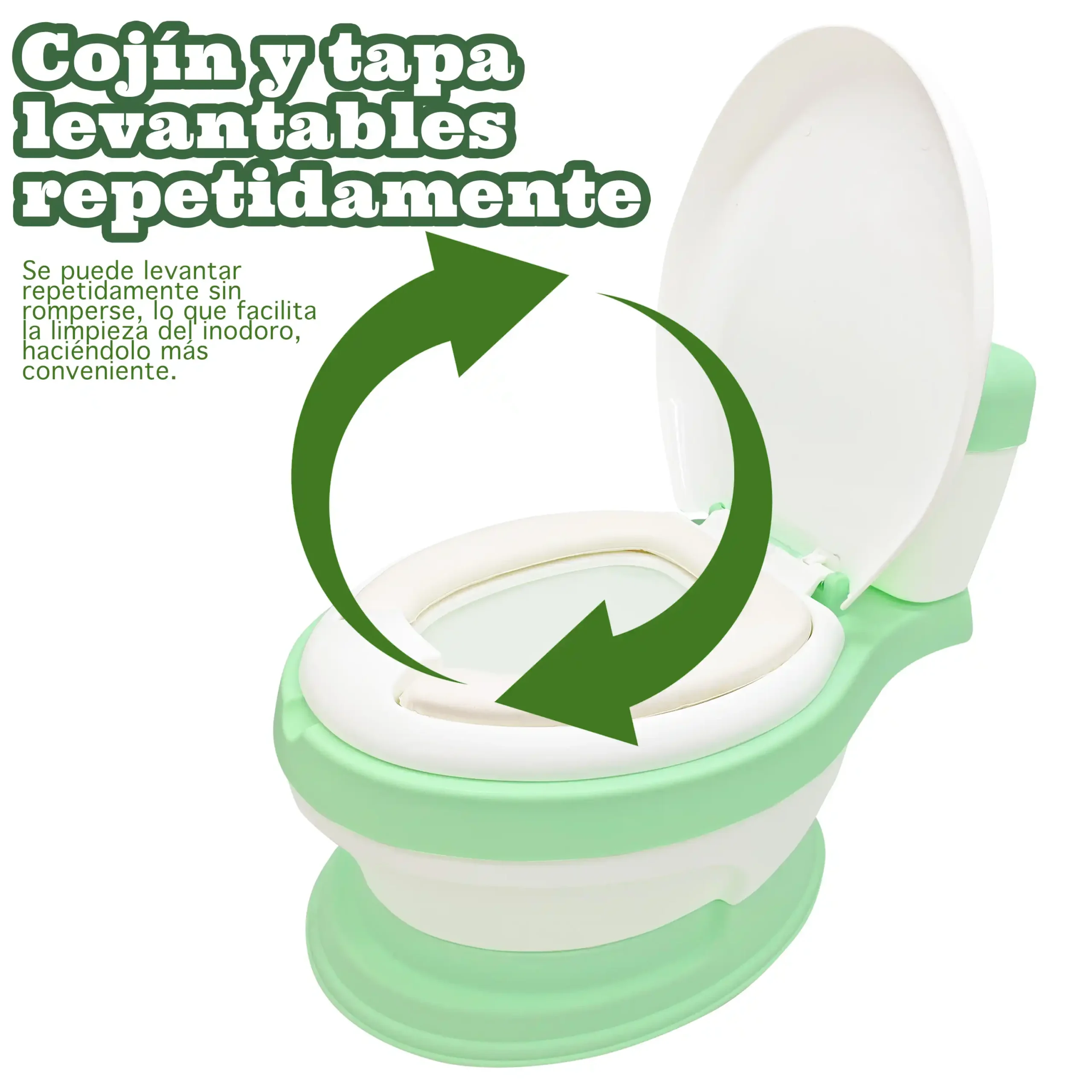 Infografía sobre el baño entrenador infantil ecoBaby de color verde menta con la tapa blanca completamente abierta. En el centro destacan dos flechas verdes circulares que forman un bucle de movimiento. En la esquina superior izquierda se incluye el texto "Cojín y tapa levantables repetidamente" junto a un párrafo que explica su resistencia.