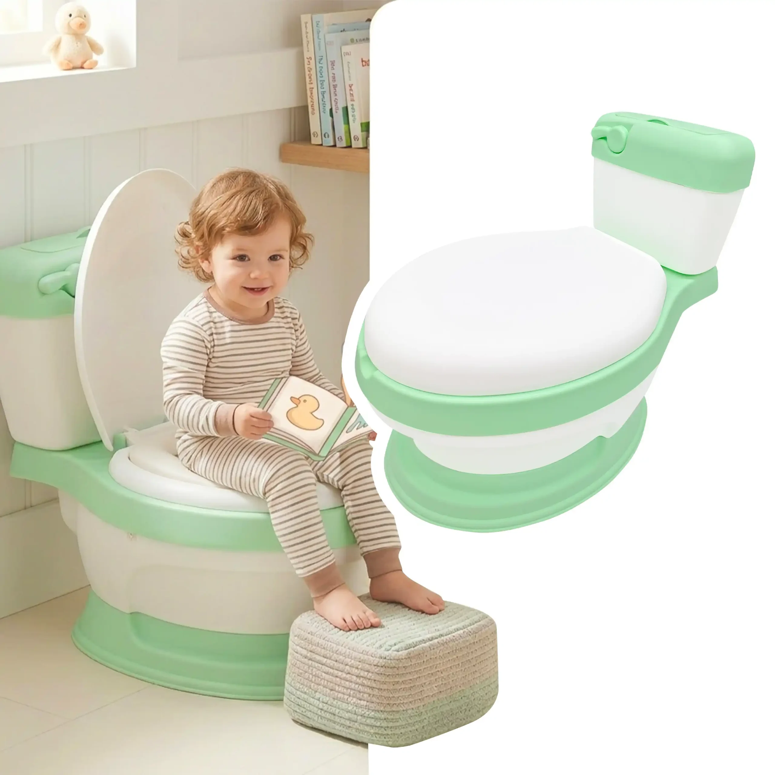 Baño entrenador bacinica para bebés de la marca Ecobaby en color verde y blanco. En la izquierda, un niño pequeño sonríe sentado en el baño entrenador mientras lee un cuento; a la derecha, se muestra el producto cerrado con un fondo blanco aislado.
