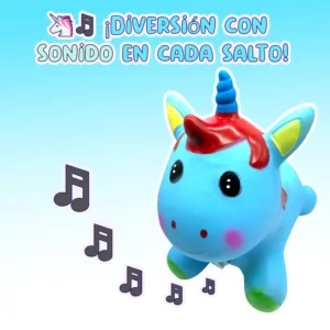 Juguete inflable saltarín para niños con forma de unicornio azul, detalles rojos y notas musicales que ilustran su función de sonido interactivo.