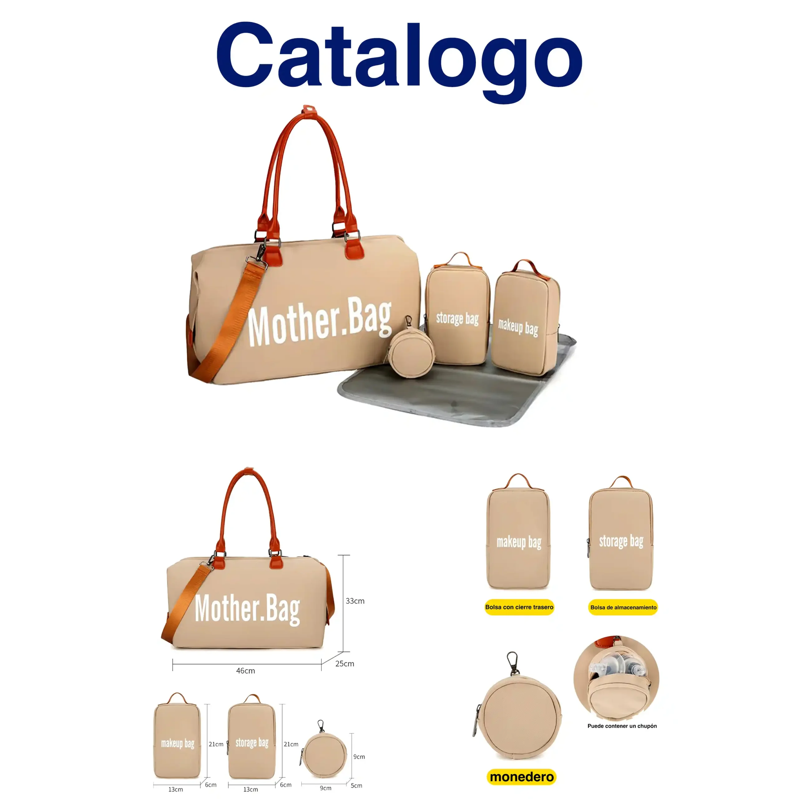 Catálogo técnico de set de pañalera y organizadores de viaje color beige. En la parte superior muestra el conjunto completo con el título "Catalogo". En la mitad inferior detalla las medidas de cada pieza mediante líneas de guía: el bolso principal (46 cm x 33 cm x 25 cm), los estuches "makeup bag" y "storage bag" (13 cm x 21 cm x 6 cm) y el monedero circular (9 cm x 9 cm x 5 cm), junto con acercamientos a sus funciones como el guardado de chupones.