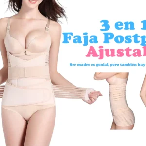 Mujer modelando una faja postparto ajustable de tres piezas en color beige, mostrando vistas frontal, lateral y posterior sobre un fondo blanco con corazones tenues.
