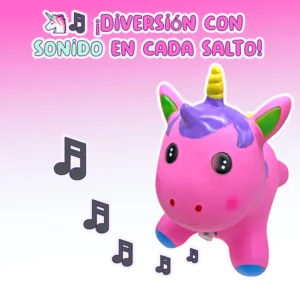 Juguete inflable saltarín de unicornio rosa con notas musicales flotantes a su lado. En la parte superior, sobre un fondo rosa degradado, se lee el texto "¡DIVERSIÓN CON SONIDO EN CADA SALTO!" acompañado de emojis de unicornio y notas musicales. El archivo de referencia es rosa