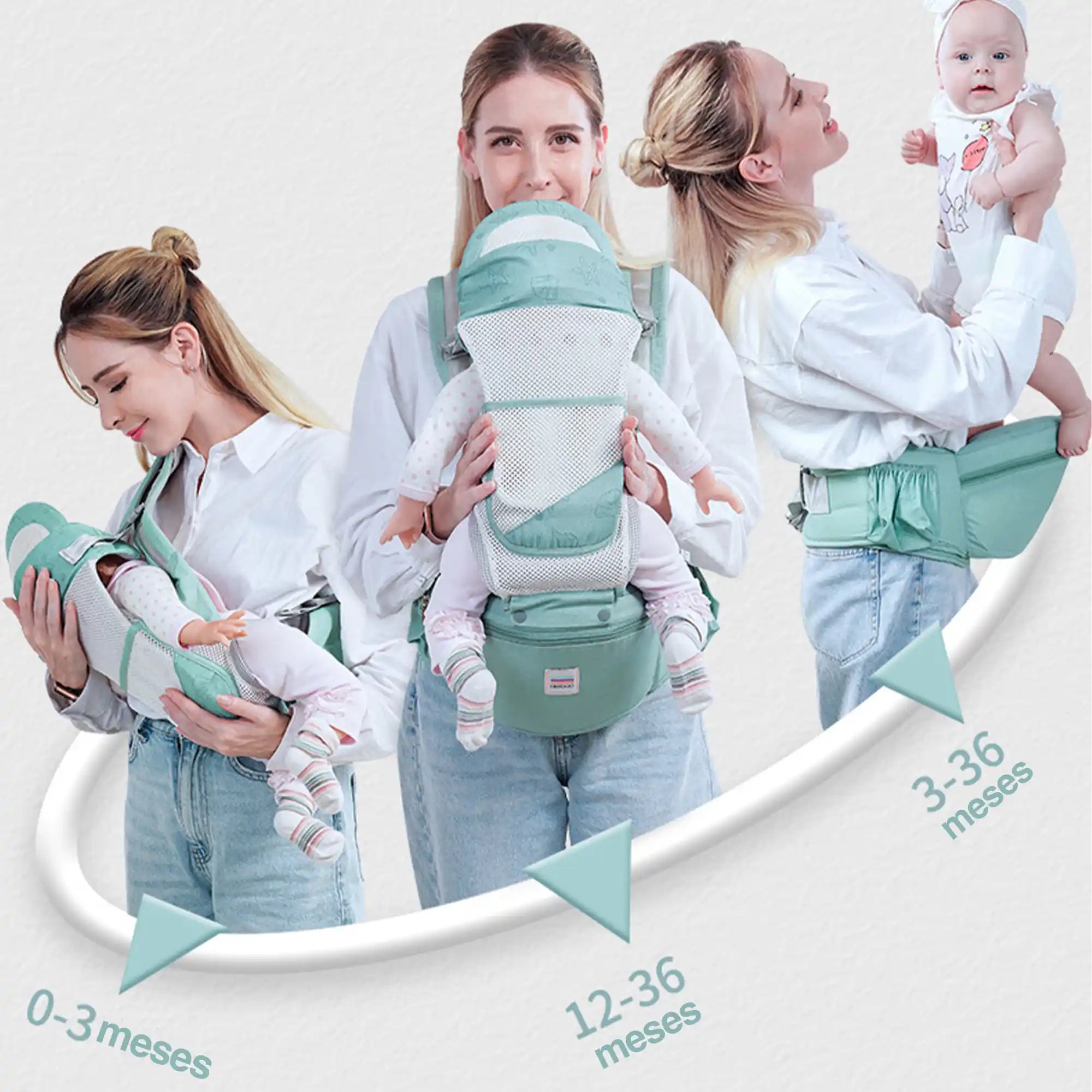 Canguro Porta Bebé Ergonómico Respirable 4 En 1 Algodón Puro Con Malla Color Verde Menta - Image 12