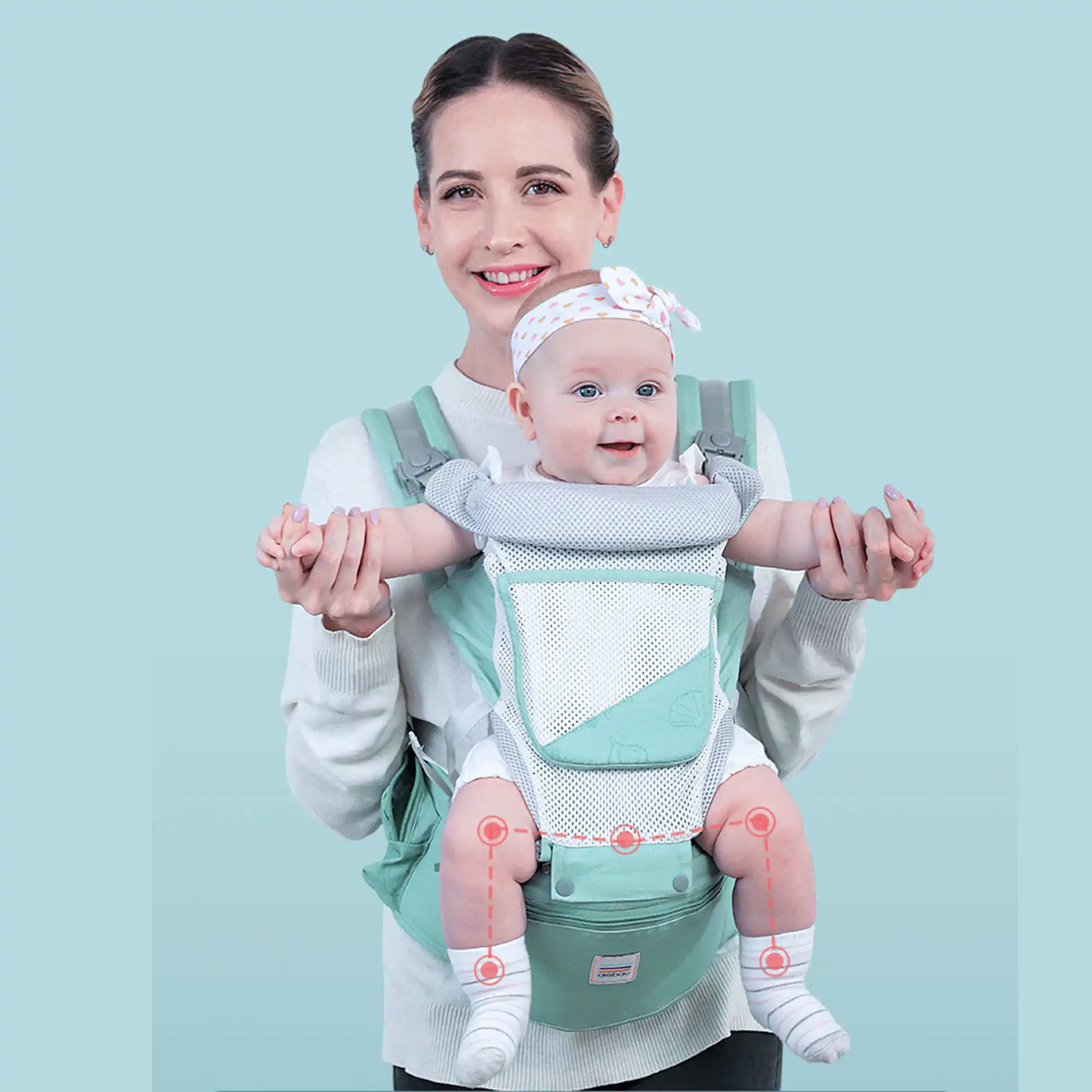 Canguro Porta Bebé Ergonómico Respirable 4 En 1 Algodón Puro Con Malla Color Verde Menta - Image 7