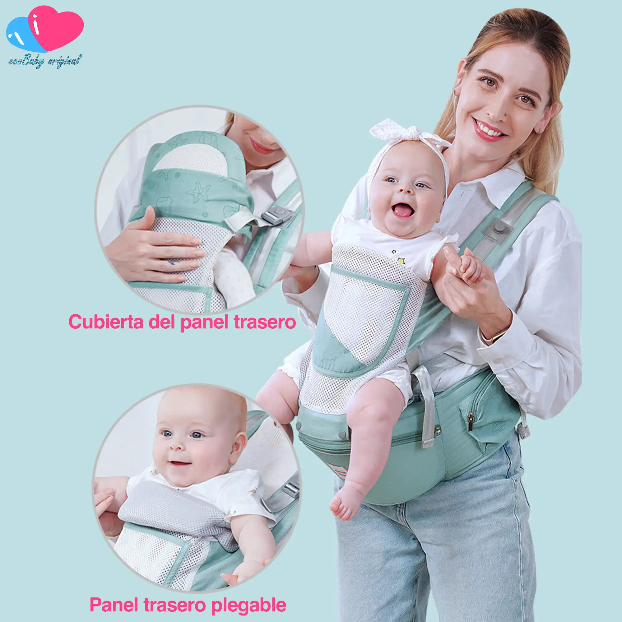 Canguro Porta Bebé Ergonómico Respirable 4 En 1 Algodón Puro Con Malla Color Verde Menta - Image 8